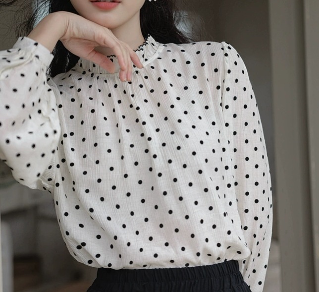 ドット柄 ハイネック モノトーンコーデ ブラウス ショート丈 袖なし 長袖 細身 ストレート スマート チュール シフォン 透け感 薄手 UVカット 大人可愛い きれいめ カジュアル 上品 おしゃれ