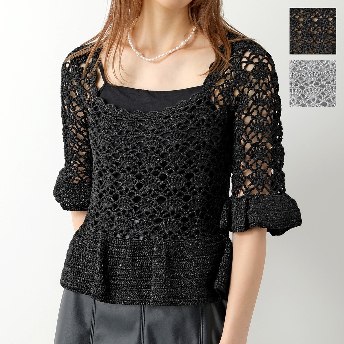 GANNI ガニー ニット トップス TOP K1824 2605 レディース クロシェ ペプラム フリル ラメ 五分袖 スクエアネック カラー2色 14,703円