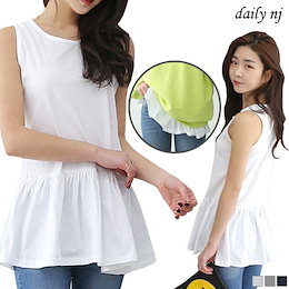 ns128.【DAILY NJ】【送料無料】新作! ノースリーブフリルTシャツ。3色 / タンクトップ ロングタンクトップ インナー 重ね着 肌触り抜群 大人可愛い 韓国ファッション