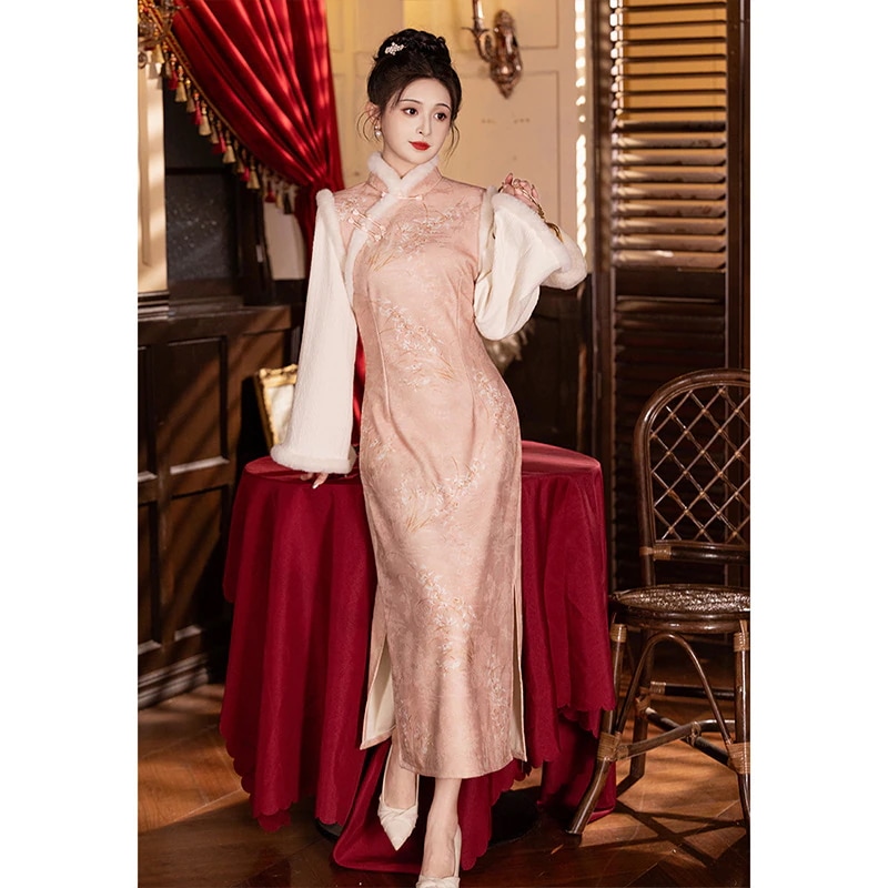 ワンピースドレスドレスピンクチョンサム秋の長い冬の長袖と太い毛皮の女の子タン服ハン服婚約ドレス服