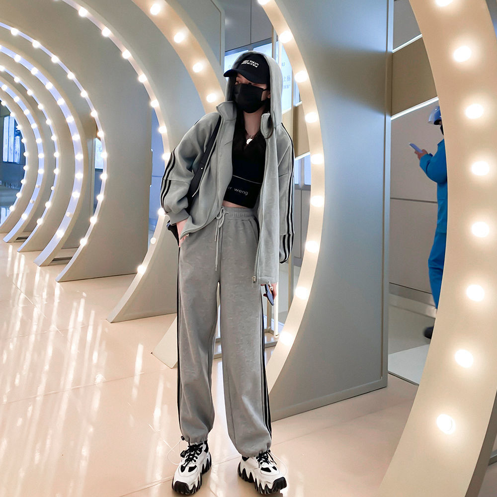 セットアップ レディース トップス ボトムス 長袖 スウェット 前開き パンツ ロング ロング丈 ライン 無地 ウエストゴム カジュアル シンプル ストリート ファッション ストリート系 かわいい