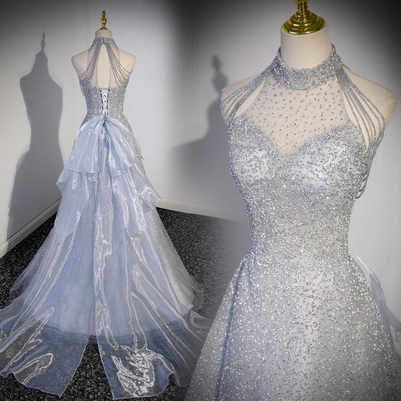 カラードレス ロングドレス グレー シルバー キラキラ 結婚式 二次会 発表会 演奏会 ウェディングドレス ウエディングドレス ホルターネック イブニングドレス パーティードレス ステージドレス 披露