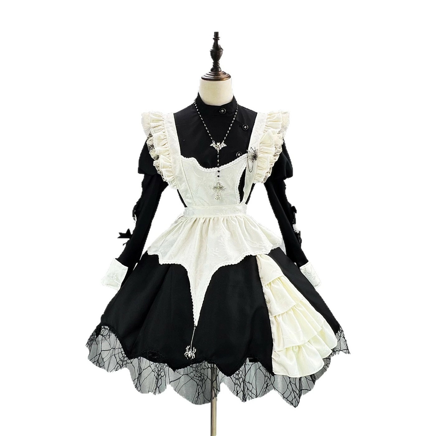 【新作登場 最安値】ゴシック コスプレ衣装 メイド服 ワンピース 長袖 パフスリーブ ネックレス付き ブローチ レディース 女性 人用 喫茶店 ロリータ フリル コスチューム cosplay ハロウィ