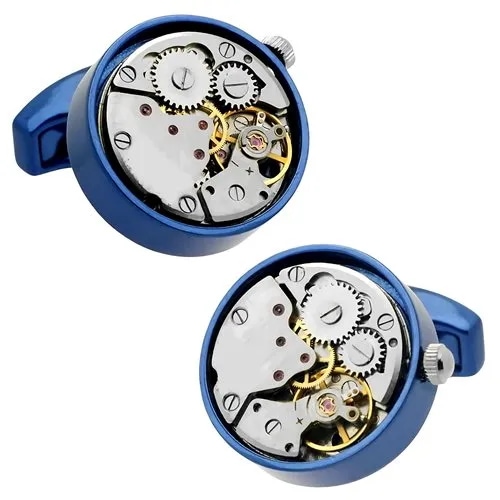 カフスボタン カフス ブルー スチームパンク 時計 ムーブメント カフリンクス メンズアクセサリー