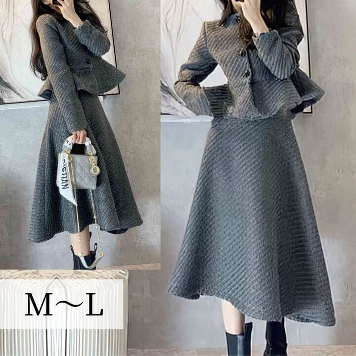 セットアップレディーススカートスーツ裾フリルジャケット膝下スカート秋春セットアップフォーマルスーツお呼ばれ405060オシャレ