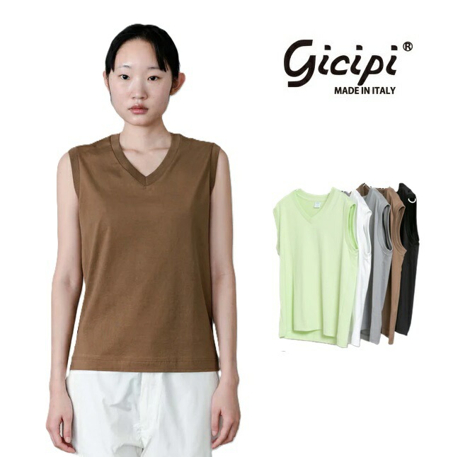 GICIPI ジチピ ノースリーブ VネックTシャツ コットン カットソー レディース クルーネック イタリア製 トップス ニットソー 無地 綿 2414P ACCIAIO