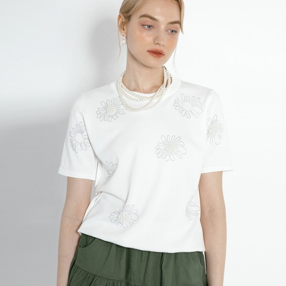 （マックスカルティッジョ）ビーズラインフラワー半袖ニット