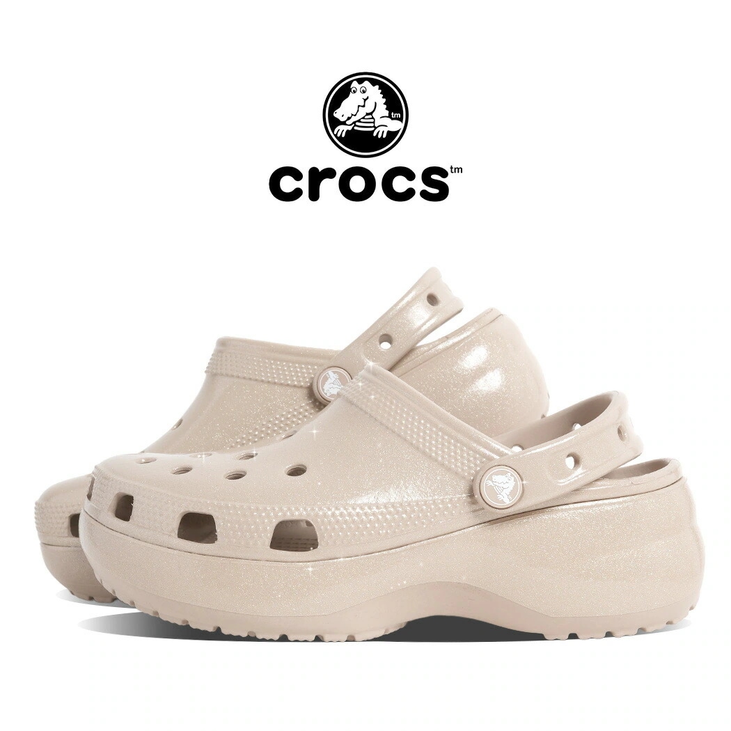crocs クロックス 厚底 クラシック プラットフォーム シャイン クロッグ サンダル CLASSIC PLATFORM ULTRA SHINE CROG DULCE ( ベージュ レディース 21
