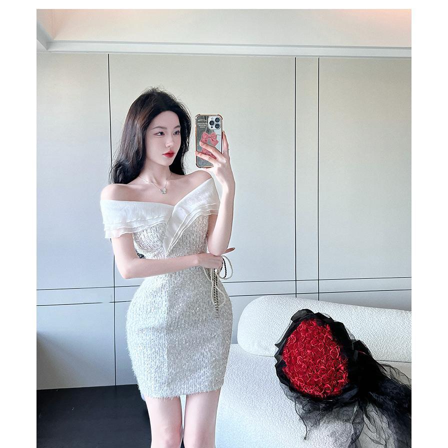 タイトワンピース ミニワンピース オフショル レディース オーガンジー スパンコール カシュクール 優雅 華奢 気質 夏服 肩出し お嬢様風 お呼ばれ