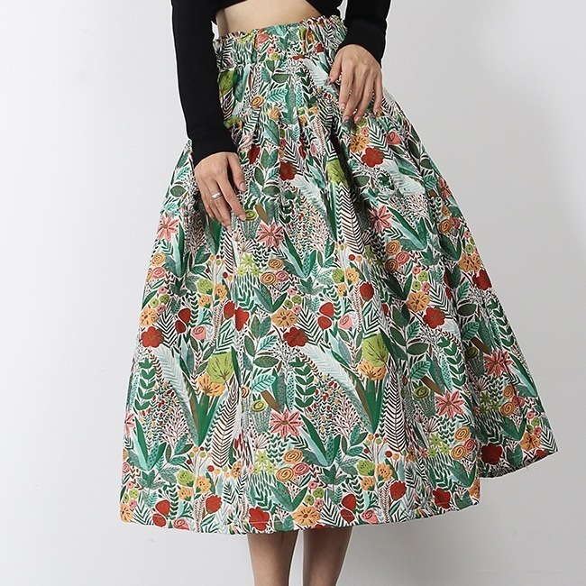 スカート レディース ミドル丈スカート 大きいサイズ ミドル丈 ボタニカル グリーン 植物 花 ファッション 夏 サマー 着やせ 美脚 シンプル ハイウエスト ボトムス カジュアル 大人カジュアル ゴ