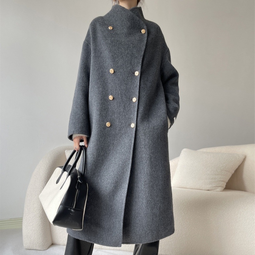 【輝いて超人気】 通勤 モード 無地 秋冬 ダブルブレスト ビックシルエット スタンドネック すね丈 コート