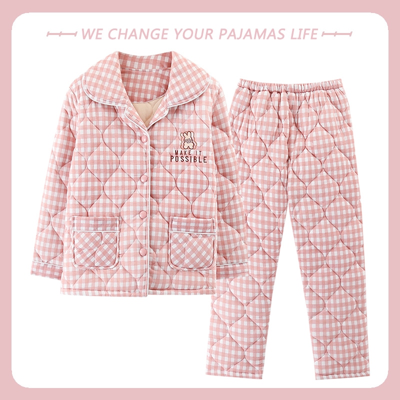 秋と冬の綿のパジャマ女性の長袖三層綿ジャケットの日暖かい母ホームウェアスーツ