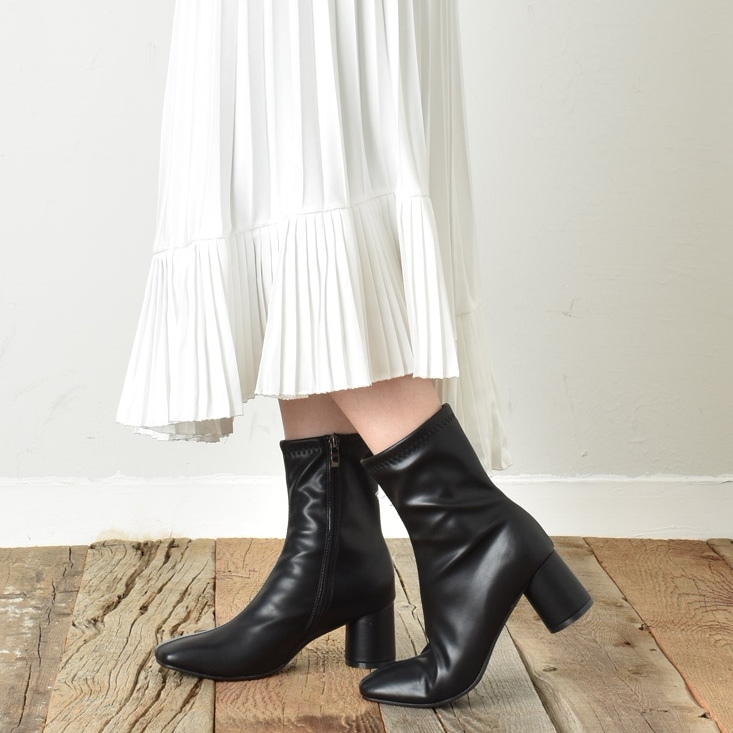 ショートブーツ レディース ストレッチブーツ スクエアトゥ サイドジップ 太ヒール チャンキーヒール 円柱ヒール ハイヒール 履きやすい 痛くない 柔らかい ブランド 黒 ブラック アイボリ