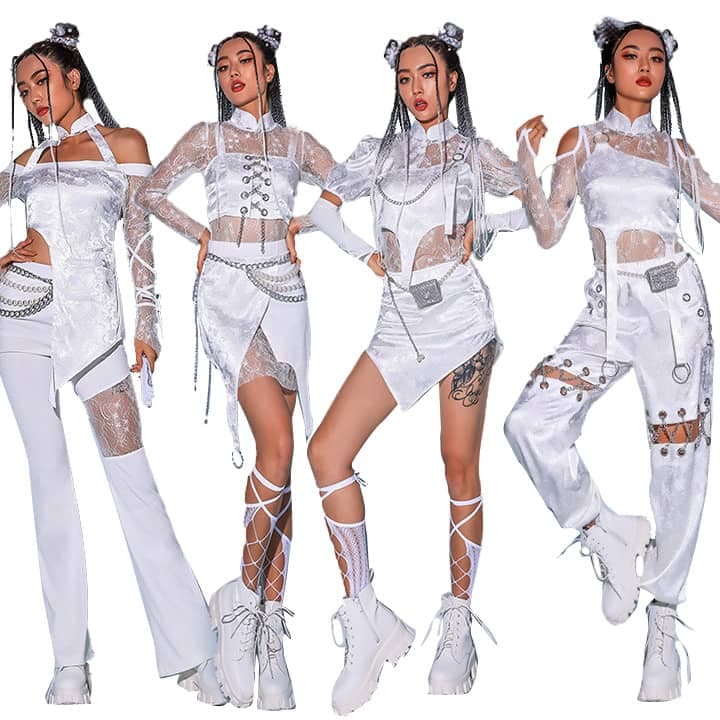 セクシー DS演出服 韓国ダンス衣装 ダンス セットアップ 白 黑 jazz ステージ衣装 ヒップホップ ゴーゴーダンス へそ出し レースパンツ スカート 派手 練習着 団体 ダンスウェア k-pop