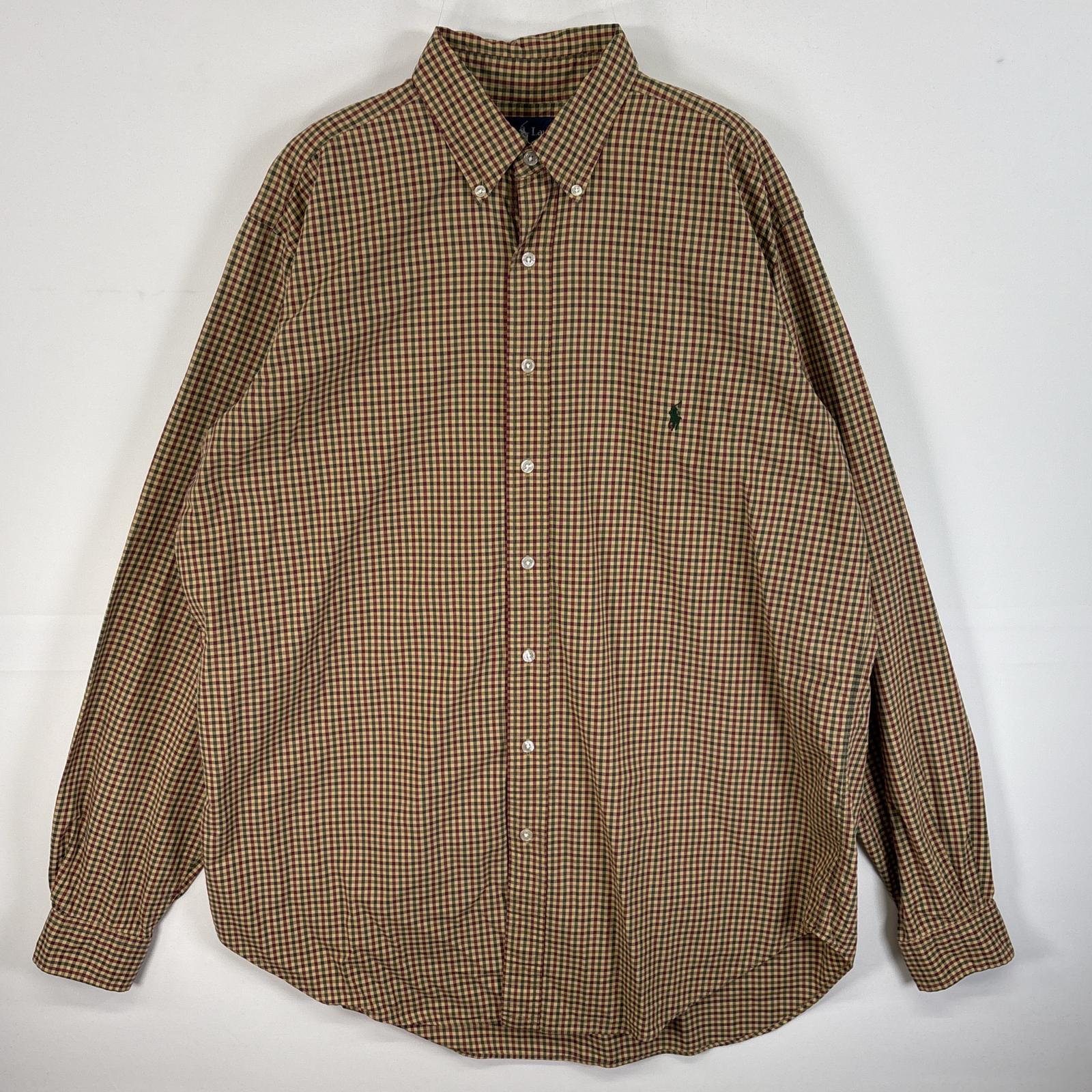 古着 長袖シャツ チェック ボタンダウンシャツ ロゴ 刺繍 LT イエロー系 マルチカラー メンズ