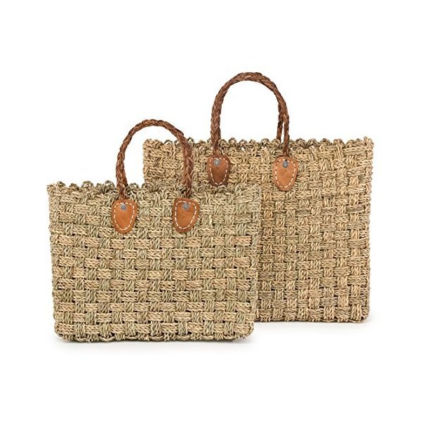 Moroccan Straw Tote Bags w/Brown Leather Handles， 16.5