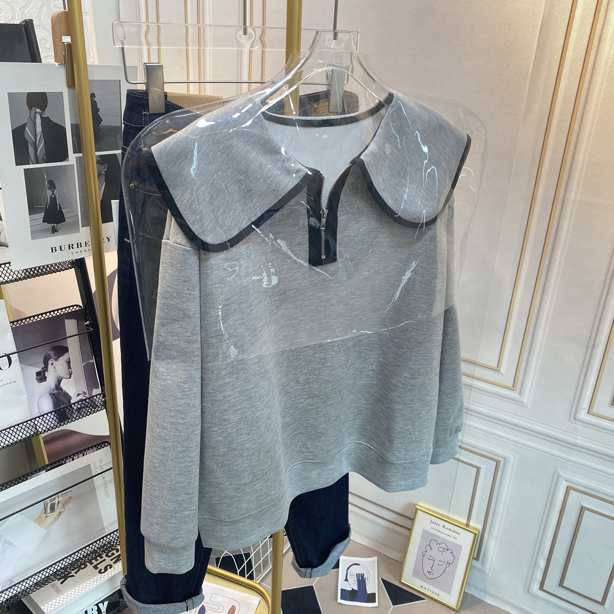 ビッグラペルハーフジップセーター スウェット トレーナー ニット セーター レディース 長袖 ハーフジップ プルオーバー BIG襟 伸縮性 大人かわいい ２カラー C285