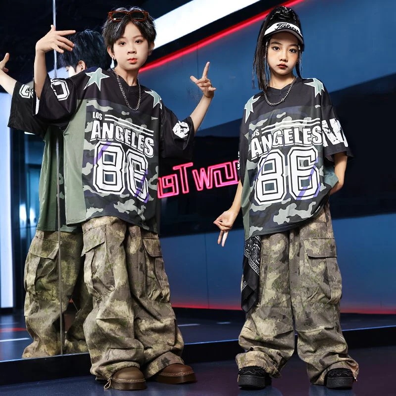 【綿質快適】街舞児童潮服クールでかっこいい子供服hiphop架子鼓演出服男児ヒップホップ迷彩ズボンセット