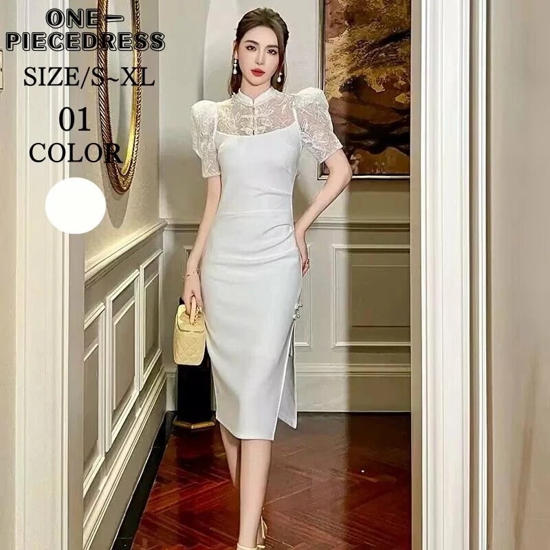 チャイナドレス　ワンピスドレス　レース切り替え　タイトフィット　パーティードレス　チャイナ　膝丈　セクシードレス　半袖　姫系　セクシー上品 大人 きれいめ キャバ嬢　お水　結婚式 20代 30代 40