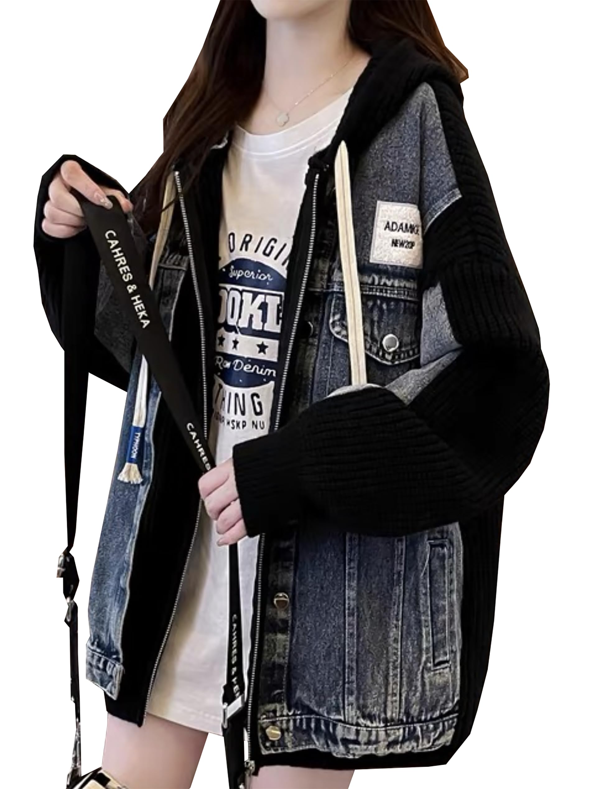 ジップアップ パーカー レディース トレーナー ジャケット おしゃれ アウター 秋 コート ニット コート デニム ジャケット バイカラー フード付き パーカー きれいめ