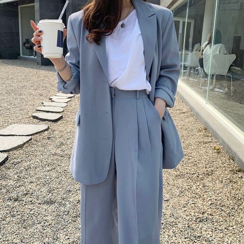 セットアップ 春 きれいめ レディース ストレートパンツ スーツ 上下セット ツーピース レギュラー丈 無地 ハイウエスト 青 ブルー くすみカラー 大人カラー 春カラー きれいめ シンプル カジュア