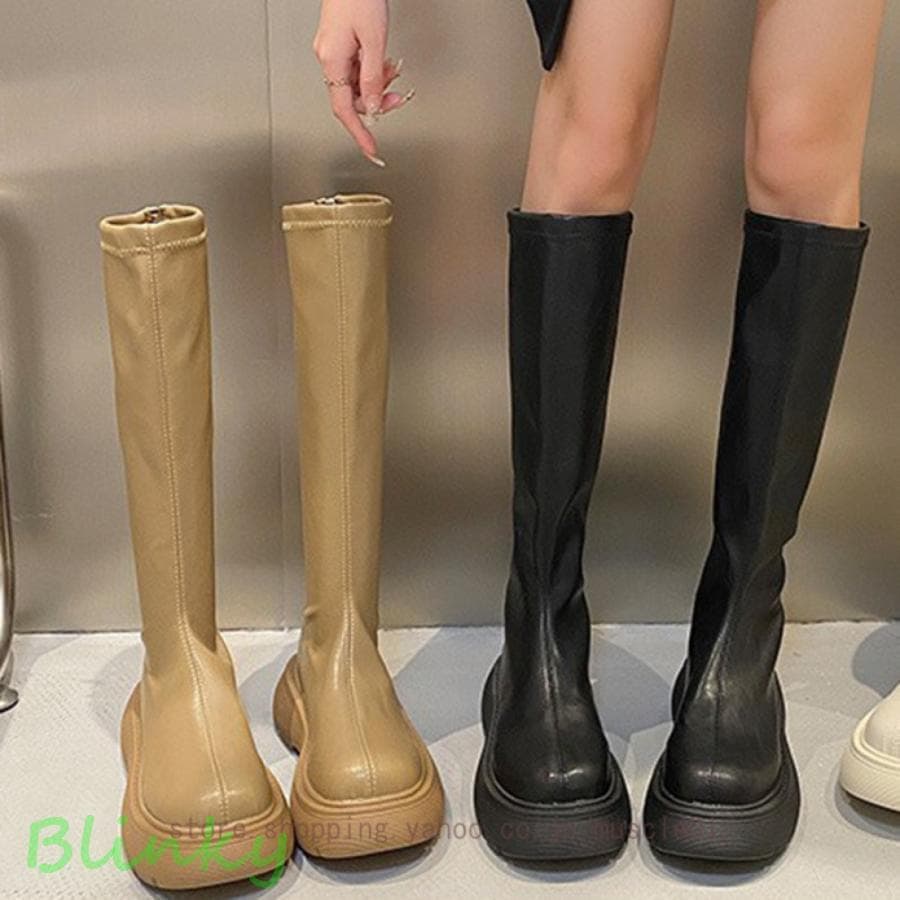 厳選素材厚底ブーツ ストーム付き ワイドヒール ロングブーツ ブーツ 厚底 靴 シューズ ミドルヒール 5cm ストリート 女性用 カジュアル ギフト プレゼント 春 秋 冬