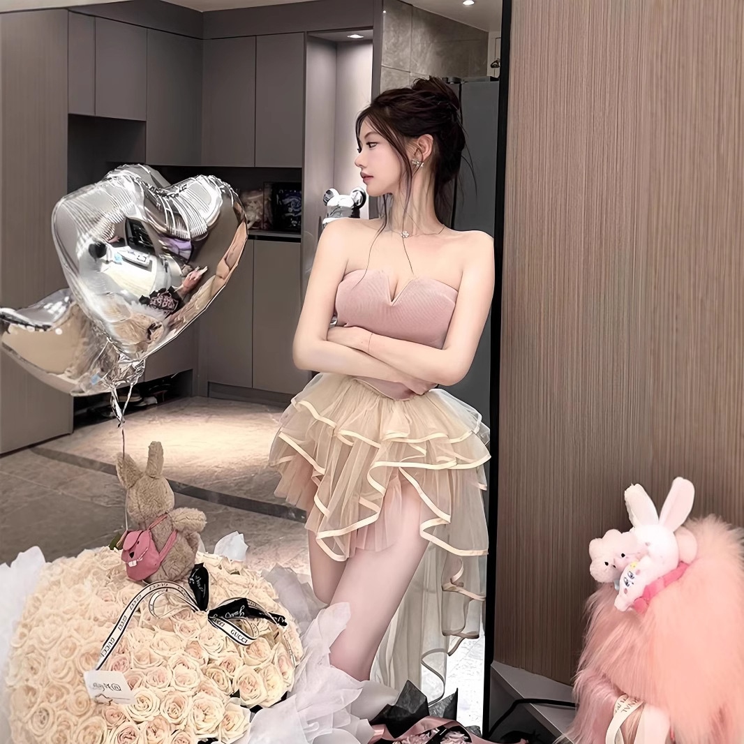 リッチガール衣装スーツ気質深いVチューブトップメッシュ不規則スカートツーピーススーツ