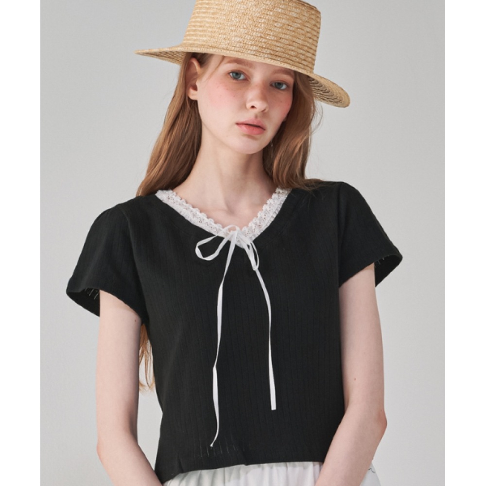 ロンロンストリングリボンレース Vネックスリムクロップ Tシャツアイレットブラック