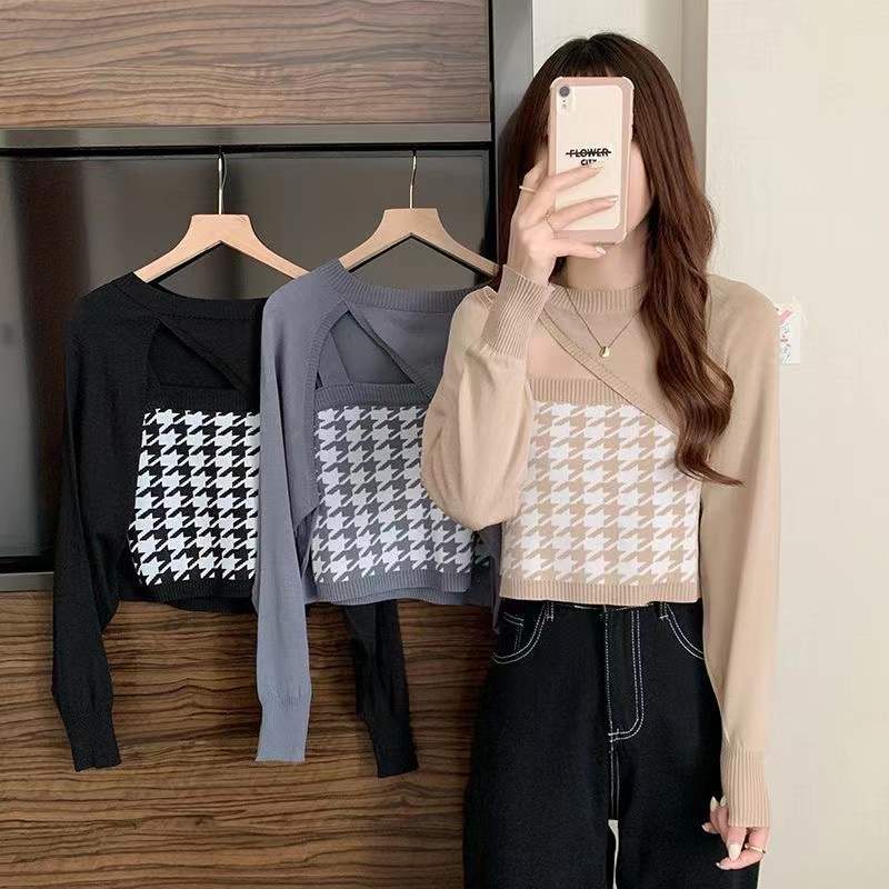 ベーシックニット カーディガン あったか！カシミヤタッチ 長袖ブラウス 二点セット 千鳥格子キャミソール 長袖ストール ニット おしゃれ 百掛けレイヤードトップス 冬アウター ブラウス