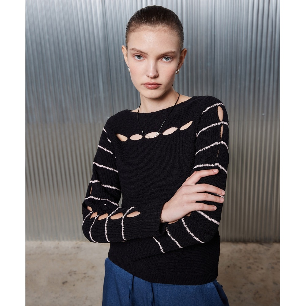 LARTIGENT L2ストライプホールニット(ブラック)