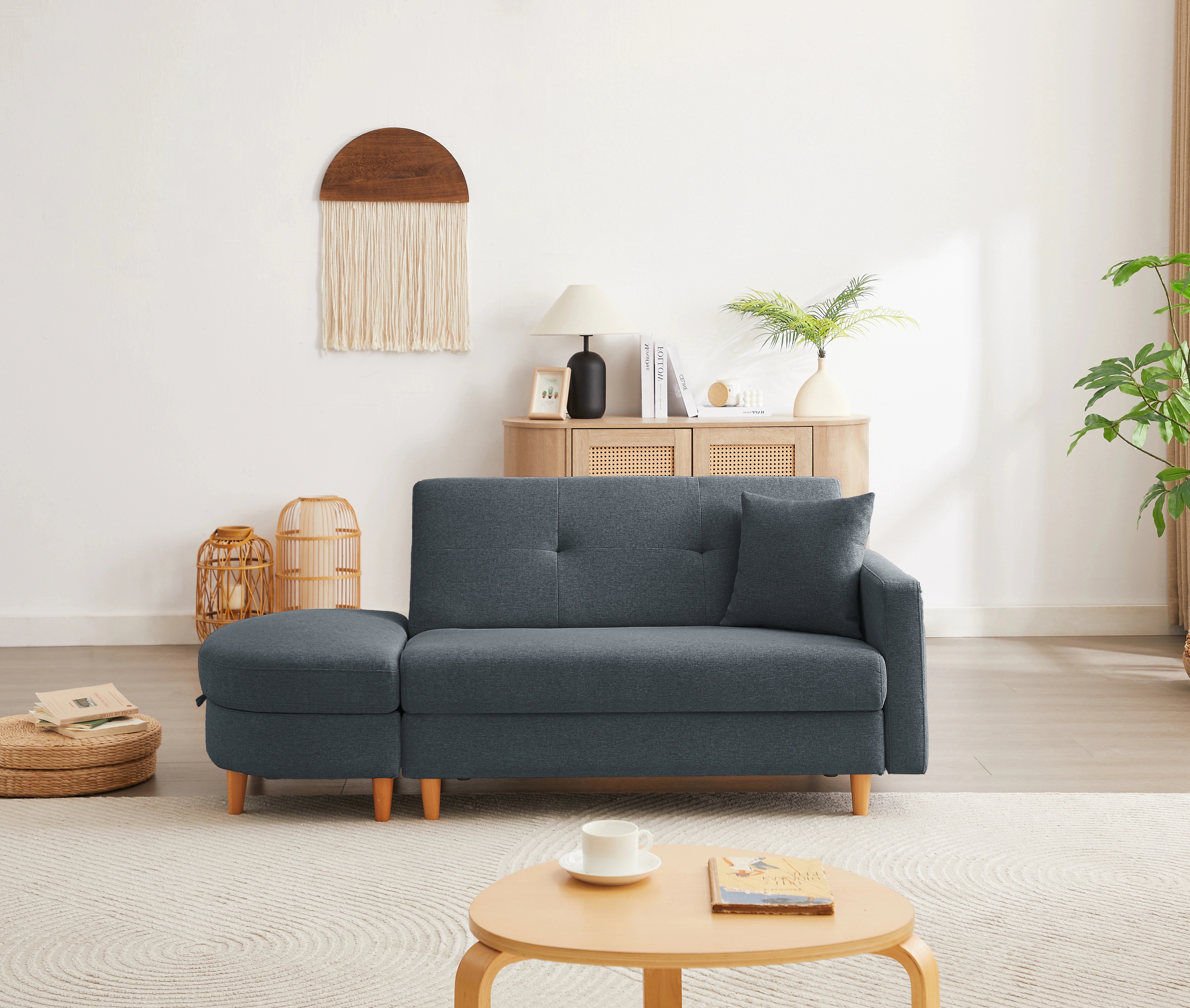 ソファ　ソファーベッド　カウチソファ　2人掛け　オットマン付き　多機能ソファ　左右側とも取り付けるアームレスト　たくさん収納　レイアウト自由　クッション1個GG3990 China Blu