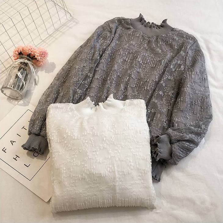 トップス シャツ ブラウス ニットソー プルオーバー 白シャツ 白トップス 袖あり 長袖 ボリューム袖 パフスリーブ ハイネック レース リブ 透け感 シースルー 伸縮性 ポリエステル かわいい