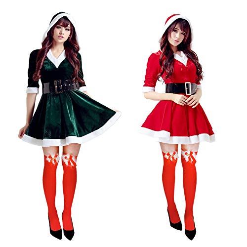 サンタ コスチューム クリスマス サンタクロース コスプレ 衣装 フード付きワンピース ３点セット(ワンピース ベルト ニーハイ) レディース フリーサイズ レッドグリーン2種30%までに制限