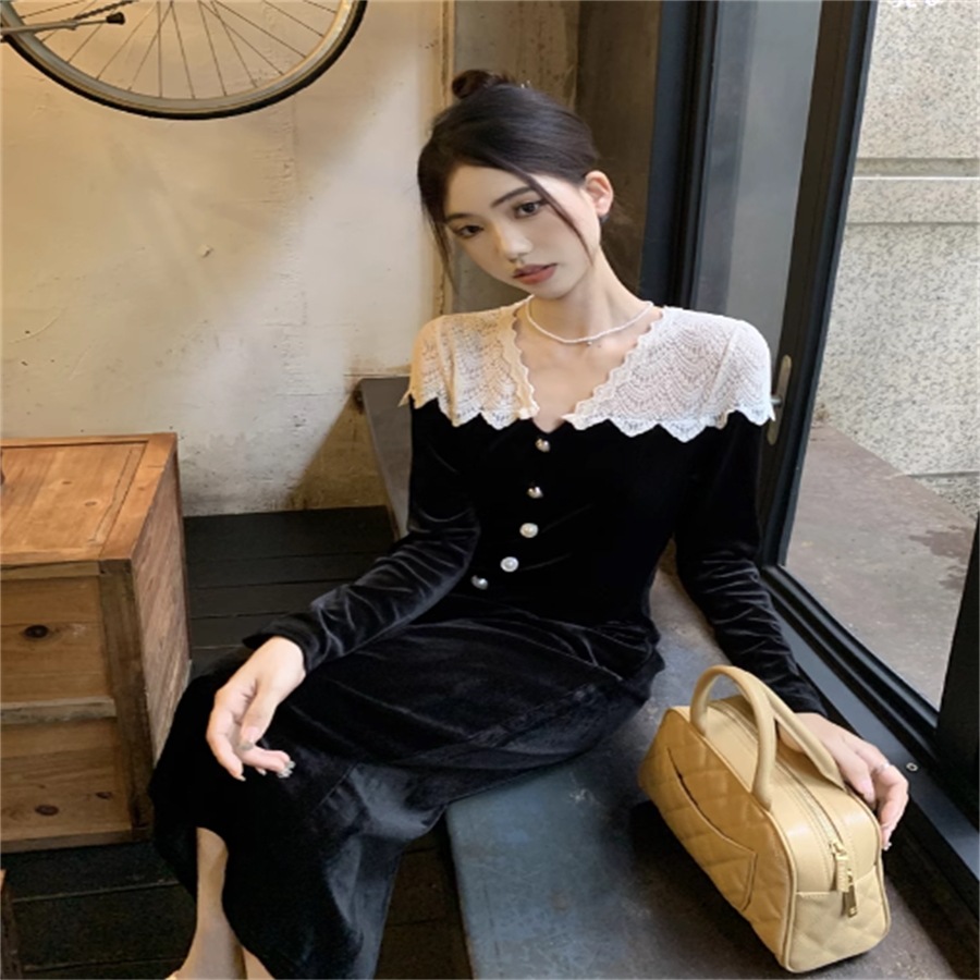 新入荷 ドレス ロングドレス ワンピース ペンシルスカート ロング ミモレ 袖あり 長袖 Vネック Aライン フレア Iライン ドッキング 異素材切り替え 透け感 シースルー ベロア 薄手生地