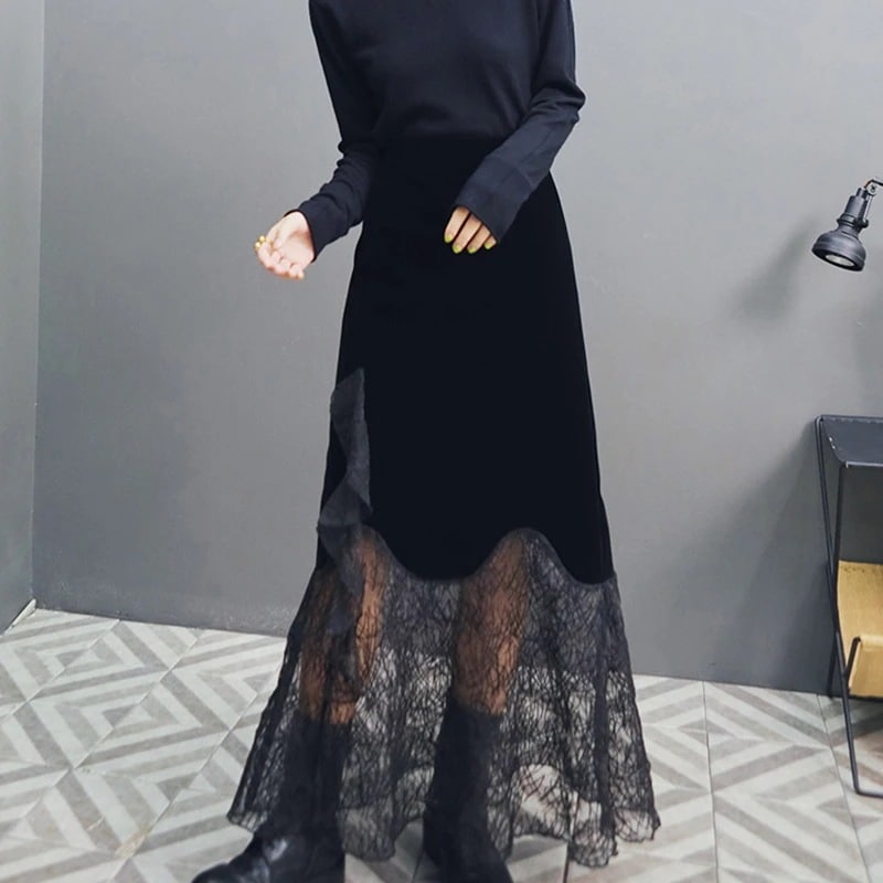 ロングスカート マキシ チュール 切り替えスカート 黒 ベルベット オーガンジースカート 春 暗黒系