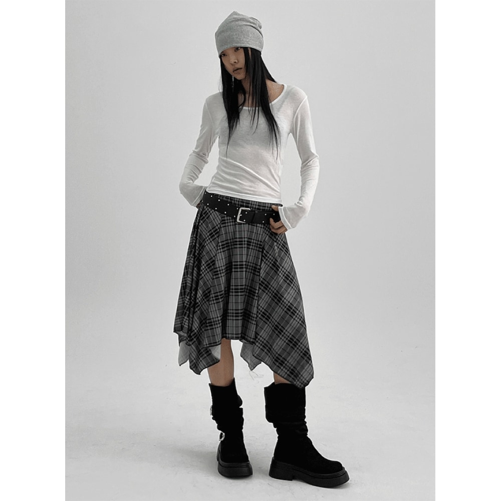 ブラックアップ [春新品] ホーミングチェックアンフットバンディングミディスカート