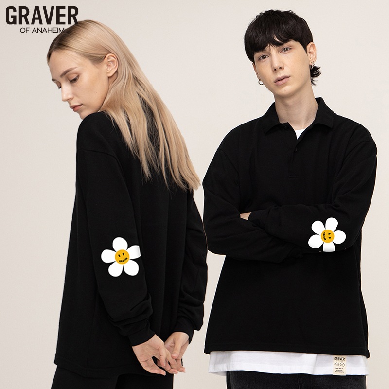[UNISEX]エルボーホワイトフラワースマイルカラロングスリーブ_black