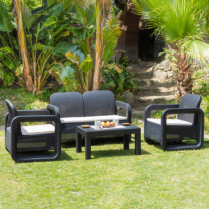 ガーデンセット ソファ テーブル 4点セット ラタン調 ベージュ ブラック 肘掛け クッション付き 軽い ガーデンファニチャー 屋外 屋内 23,425円