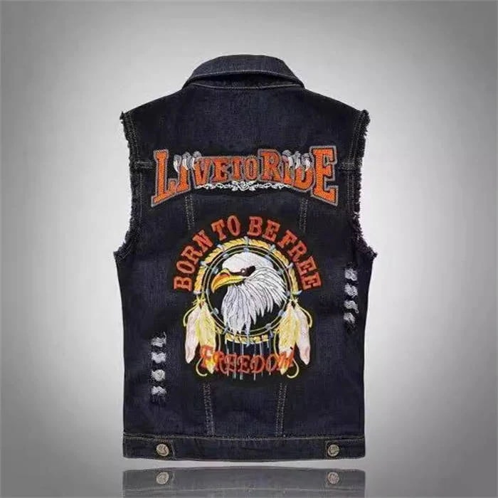 メンズデニムベスト 袖なし お兄系デニムジャケット Gジャン チョッキ ライダース ダメージ加工