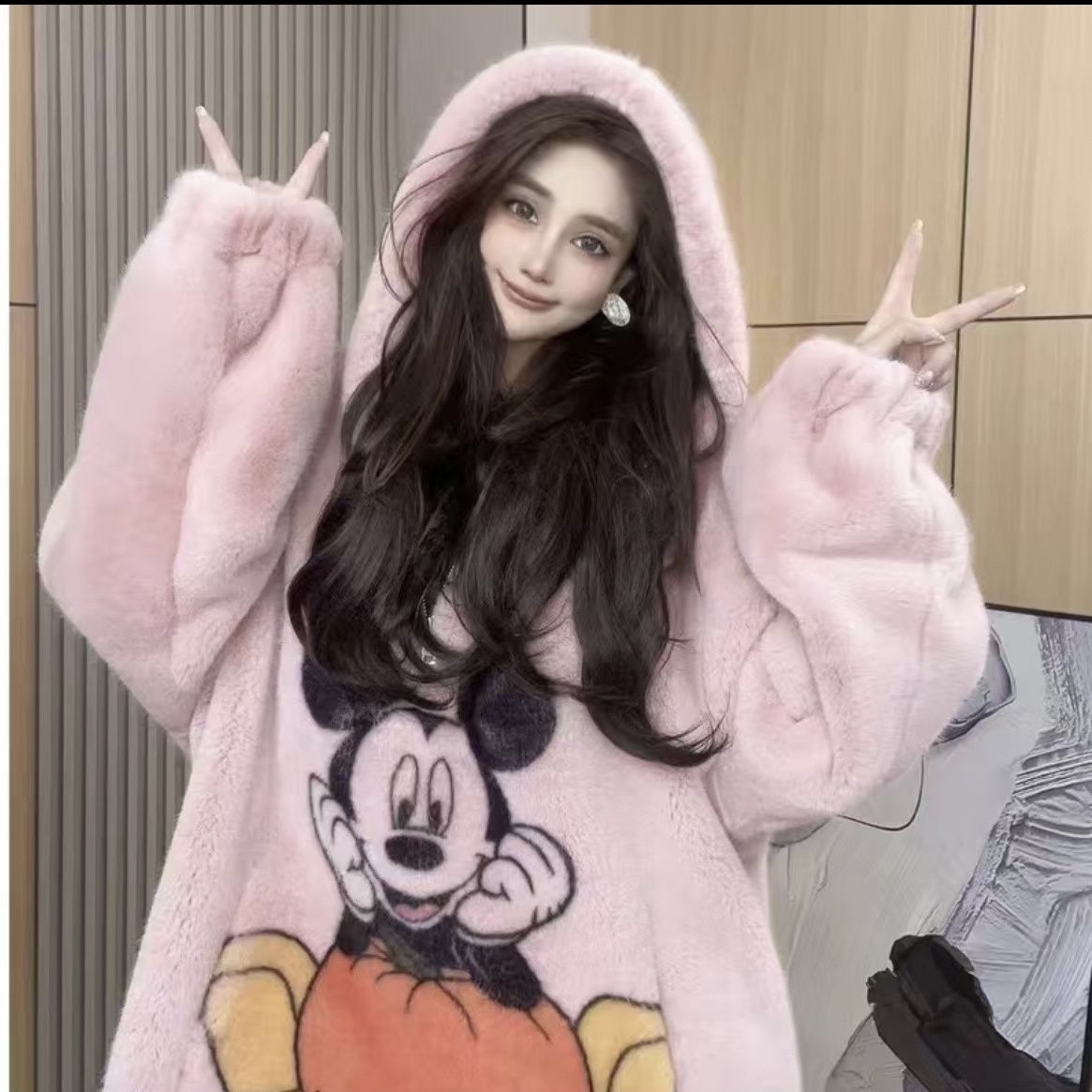 2023冬ウエスタンスタイルカレッジスタイル肥厚フード付きトレーナーヨーロピアンミンク毛皮コート