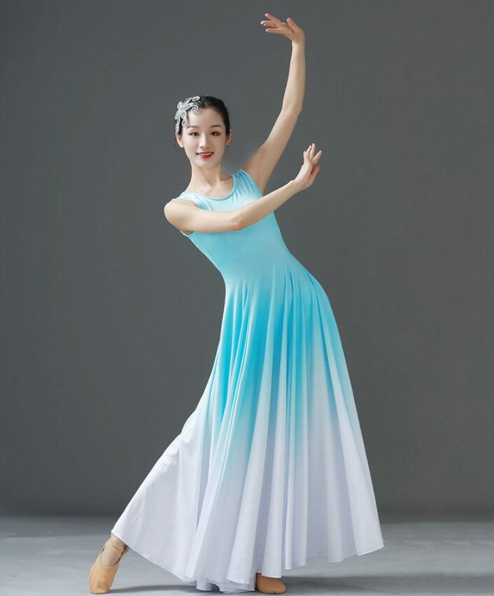 モダンドレス グラデーション 広がる ワンピース ロング丈 大きい裾 ノースリーブ バレエ 古典舞踊 ダンス 衣装 レディース 大人 子供 飄逸 社交ダンス タンゴ ワンピー モダンダンス
