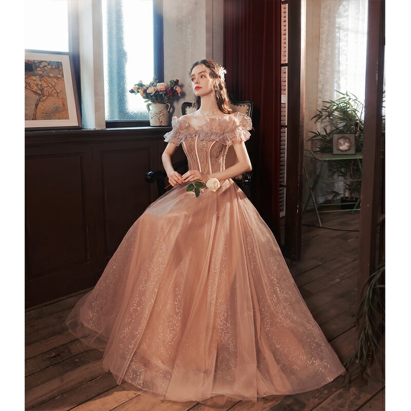 カラードレス 半袖 パーティードレス 花嫁 Aラインドレス 編み上げタイプ ステージ 衣装 オフショルダー ロングドレス 二次会 結婚式 イブニングドレス フォーマルドレス 披露宴 発表会 演奏会 前