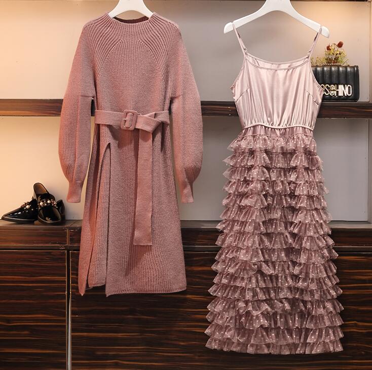 【本日限定】ニットワンピース　秋冬セットアップ レディース ニットセット　2点セット　ベルト付きニットワンピース+キャミソールワンピース/チュールスカート　ロングワンピース　大きいサイズ　100kgま