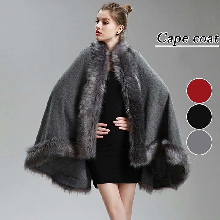 ケープコート レディース ファー付き ポンチョコート ファーコート 肩掛け ケープ 羽織 アウター マント フェイクファー カシミヤタッチ 着物 上品カジュアル きれいめ 50代 40代 30代 20