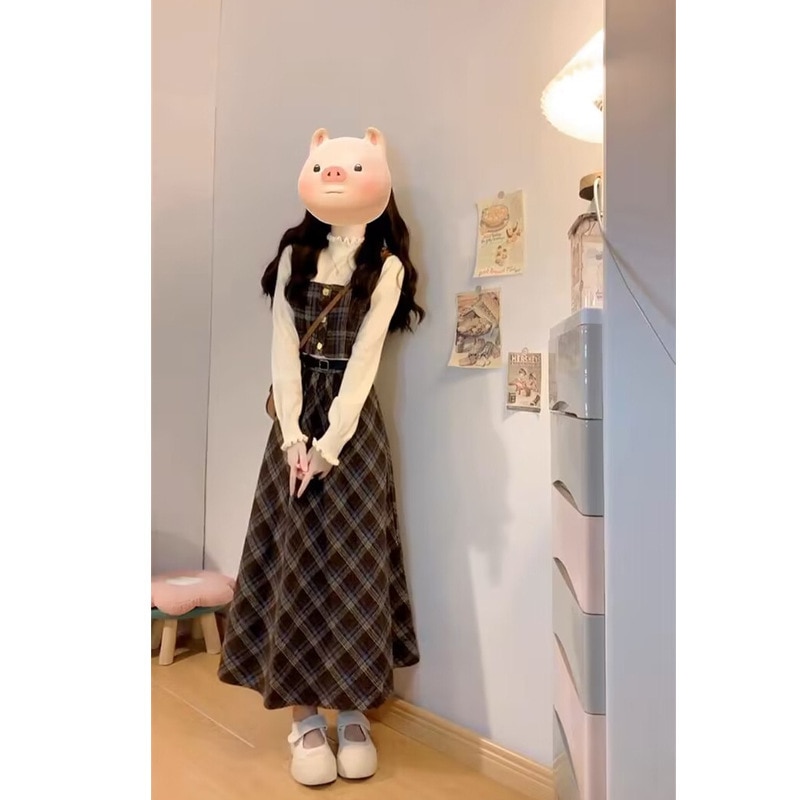 シャネル風のレディースチェック柄オーバーオールドレス2025年秋冬新作プチスタイルのロングドレスセット