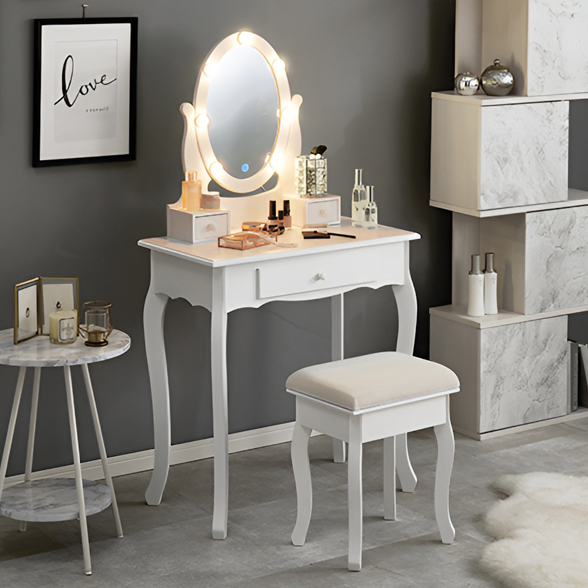 ドレッサー スツール付き 幅70cm ライト 調光 LEDライト 鏡付き 化粧台 メイク台 椅子 セット コンパクト デスク おしゃれ ホワイト 白 かわいい 引き出し 収納
