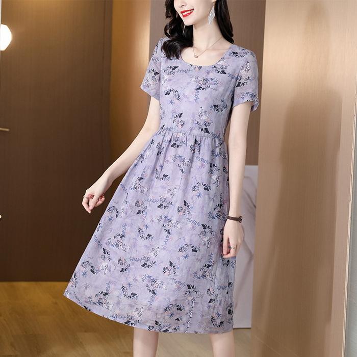 ワンピース レディース きれいめ 膝丈ワンピース 春夏 半袖ワンピース 花柄 リネンワンピ 綿麻Aラインスカート 韓国風 オシャレ通勤 お出かけ 30代 50代