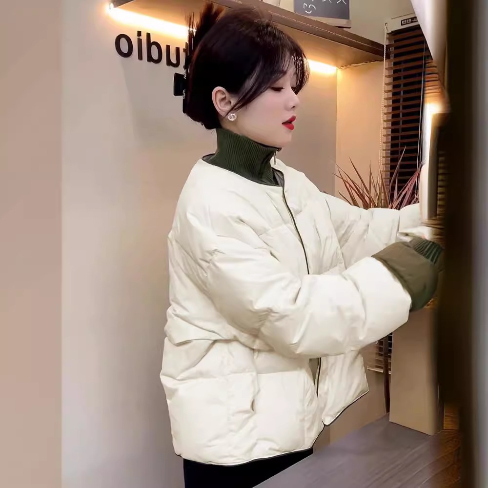 工場直接販売韓国ラウンドネックショートダウンジャケット対照的な色小さなホワイトダックダウンファッション肥厚冬コート女性のための