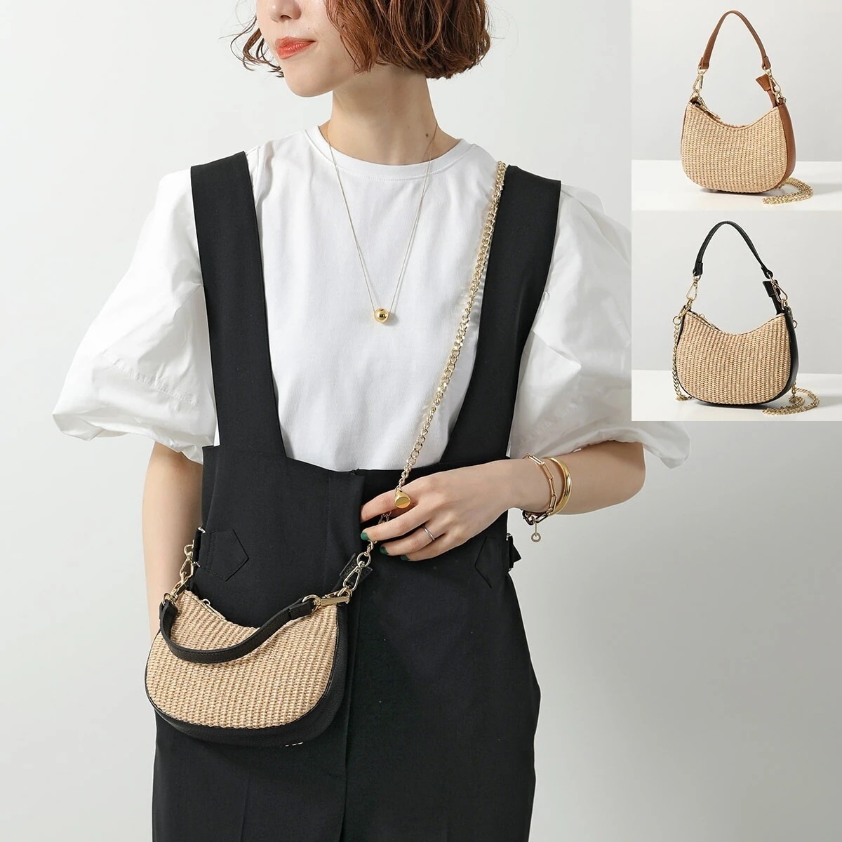 andrea cardone アンドレアカルドネ ショルダーバッグ rafia Leather bag 1735 レディース ラフィア×レザー ハンドバッグ ミニバッグ ポシェット チェーン