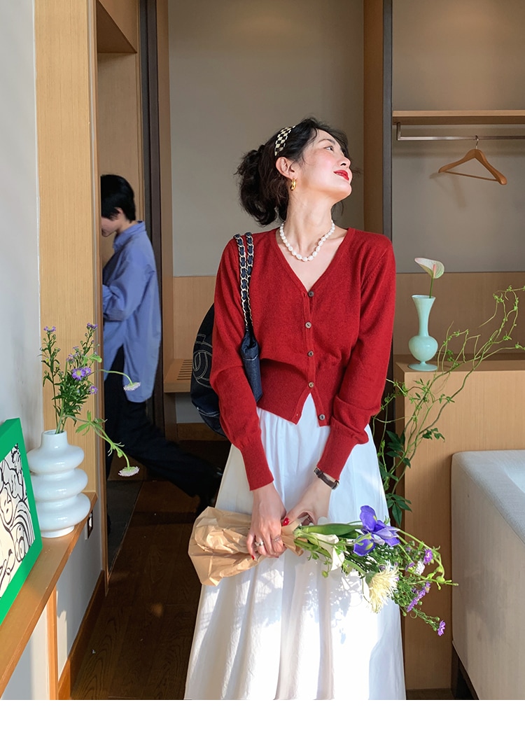 エレガント セクション Vネック ニット カーディガン ジャケット 女性 秋 フレンチ フレグランス セーター ルーズトップ レッド L トップス かわいい 大人可愛い きれいめ シンプル カジュアル